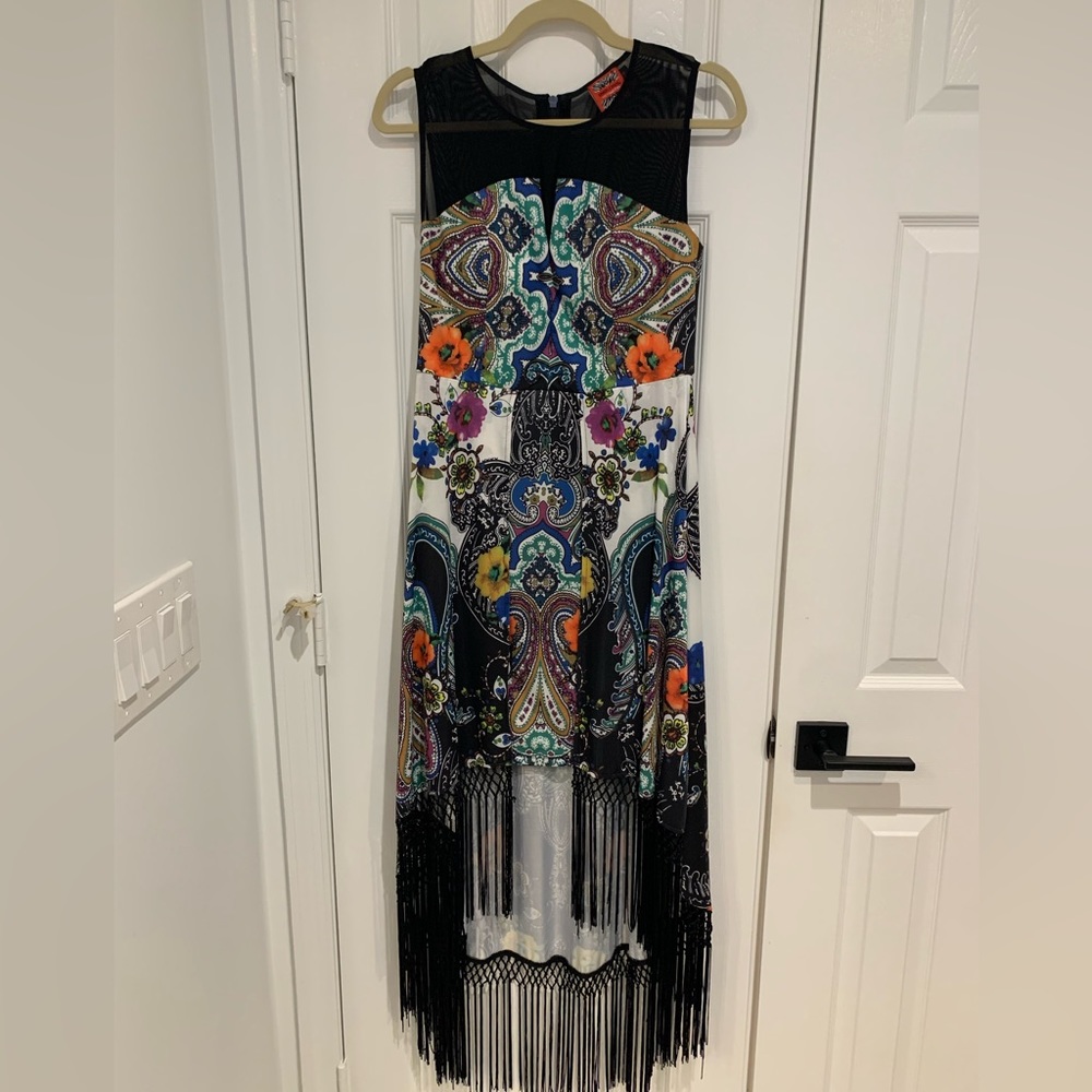 Simon Chang designer High-Low fringed dress in Size 6